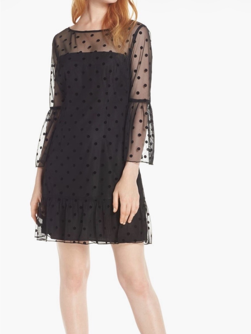 Nordstrom BB Dakota Black Mini Dress with Sheer Polka Dot Overlay and 3/4 sleeve